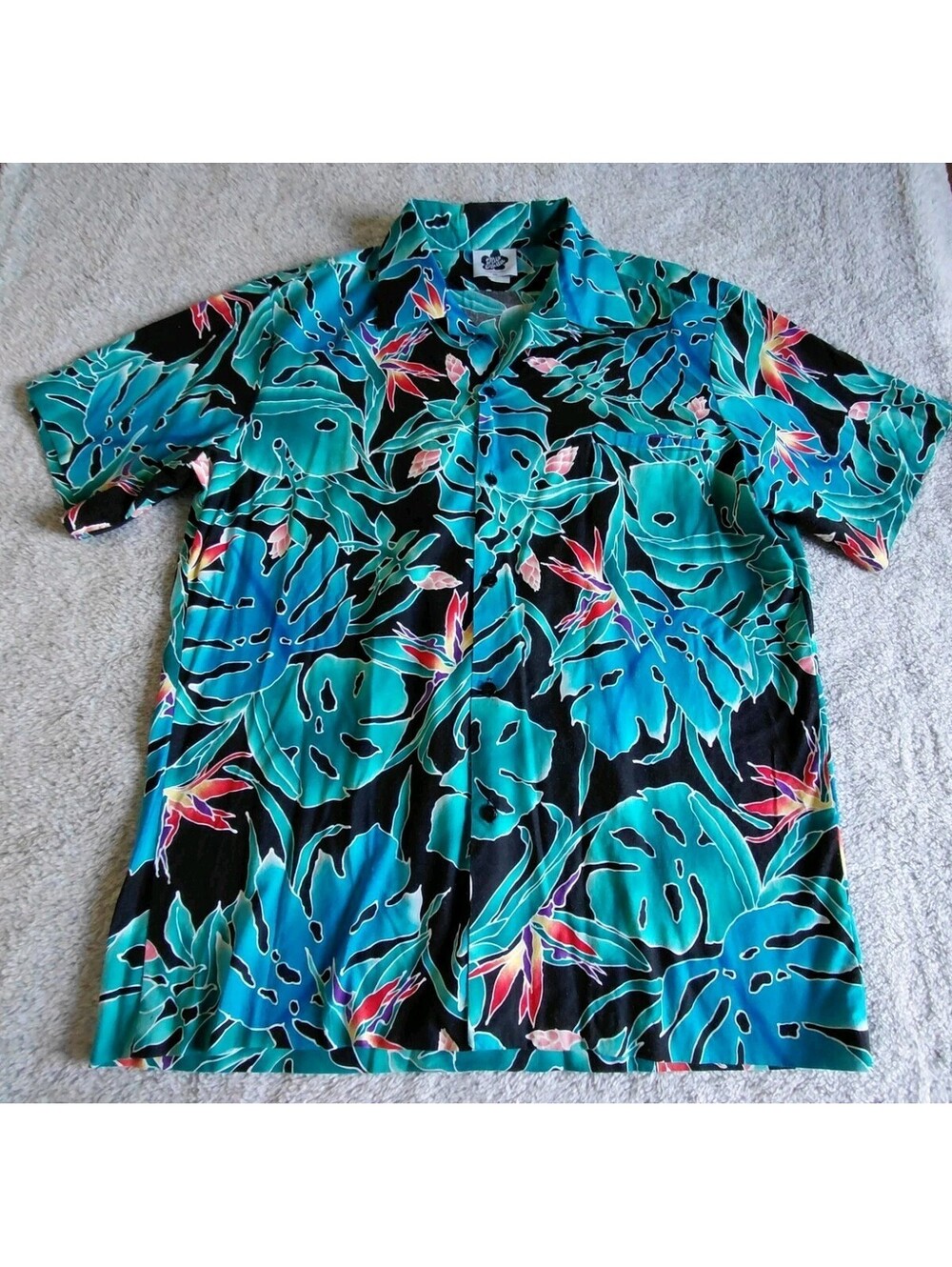 Hilo Hattie Hawaiian Shirt Mens XL Black Blue Tropical Monstera Bird Paradise